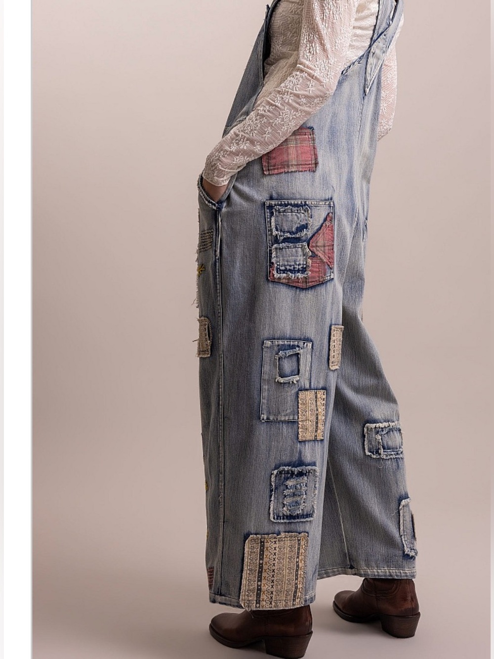 Wash Denim Patchwork Women's Wide-Leg Jeans Overalls - Picture 3 of 13